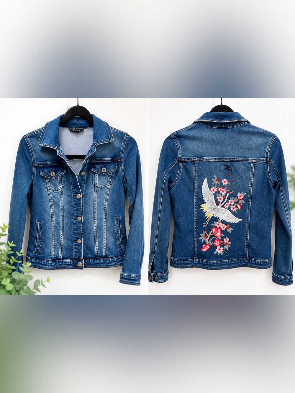 DG2 Diane Gilman Denim Jean Jacket Size Small Embroidery Crane Cherry Blossom 🌸